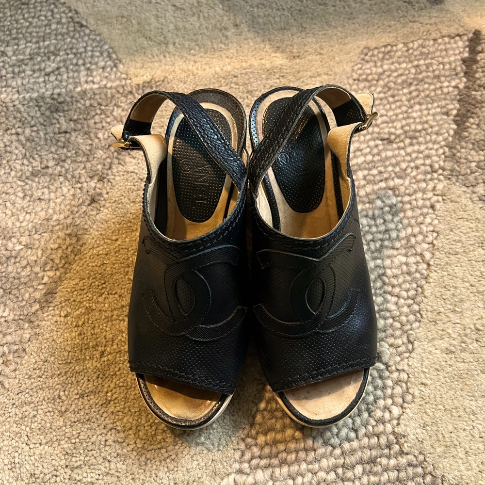 Chanel Womens Leather Platform Sandals Slingback Black Size 37 7